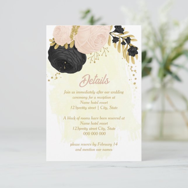 Schwarz-Rosa-Blume Goldfarben-Details der botanisc Begleitkarte (Stehend Vorderseite)