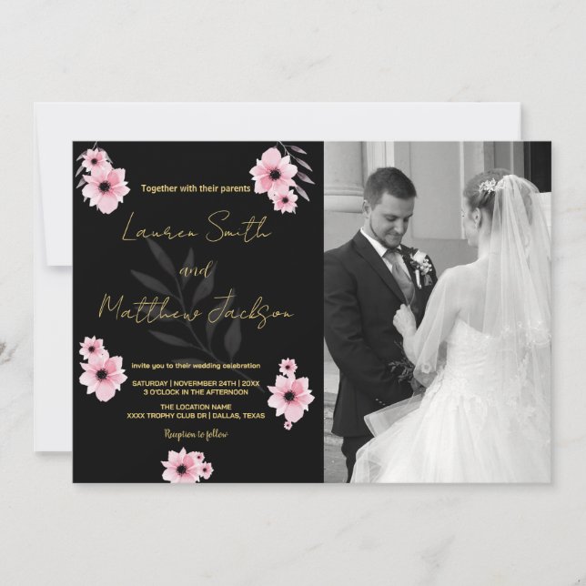 Schwarz-Rosa-Blume Hochzeit Einladungen mit Foto (Vorderseite)