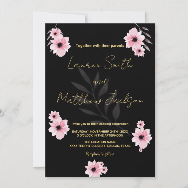 Schwarz-Rosa-Blume Hochzeitseinladungen Einladung (Vorderseite)