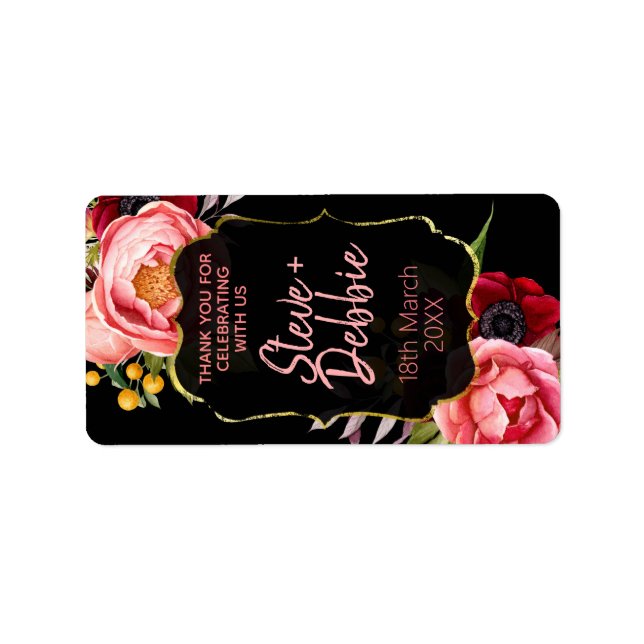 Schwarz-Rosa-Blume Hochzeitslippen-Balken Adressaufkleber (Vorne)