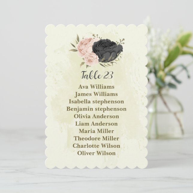 Schwarz-Rosa-Blume Sitzkarte Einladung (Stehend Vorderseite)