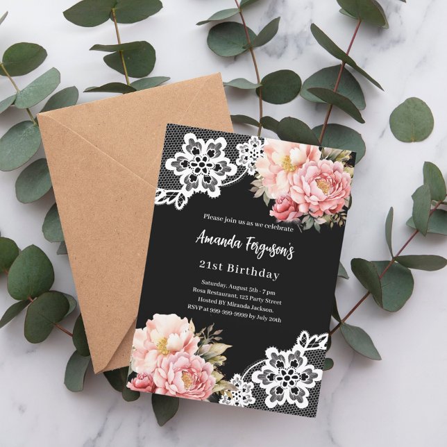Schwarz-Rosa-Blumen verleihen eleganten Geburtstag Einladung (Von Creator hochgeladen)