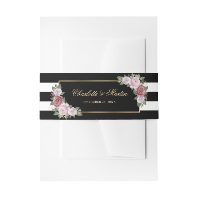 Schwarz-Rosa-Blütenhochzeit Einladungsbanderole (Vorderseite Beispiel)
