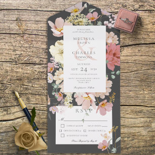Schwarz & Rosa Boho Blumen Abendessen All In One Einladung