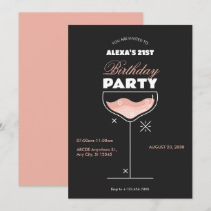 Schwarz-Rosa-Cocktail Glas Geburtstag Einladung
