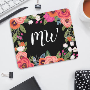 Schwarz-Rosa Coral Boho Blume Rahmen Mit Monogramm Mousepad