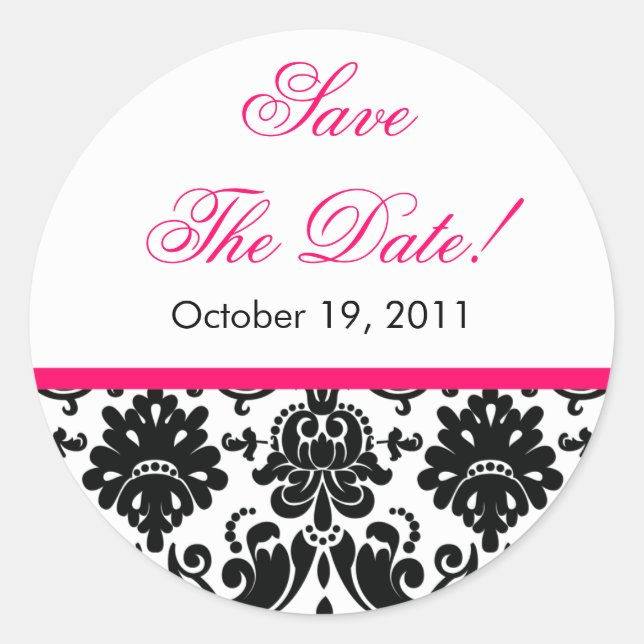 Schwarz/Rosa Damask Save the Date Hochzeitsticker Runder Aufkleber (Vorderseite)