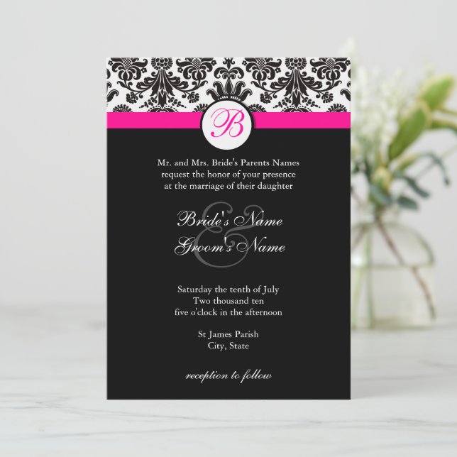 Schwarz-Rosa-Damaskus-Hochzeitseinladung Einladung (Stehend Vorderseite)