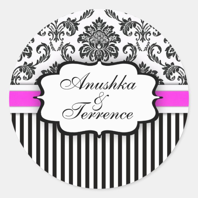 Schwarz-Rosa Damasstreifen Hochzeitsticker Runder Aufkleber (Vorderseite)