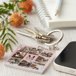 Schwarz-Rosa-Familienfoto-Collage Monogramm-Gesc Schlüsselanhänger