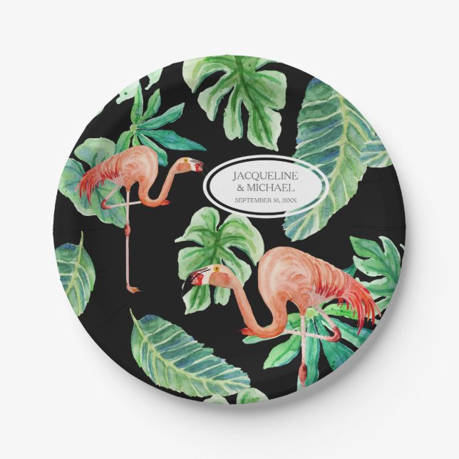 Schwarz Rosa Flamingo Brautparty Dekoration Wasser Pappteller (Vorderseite)