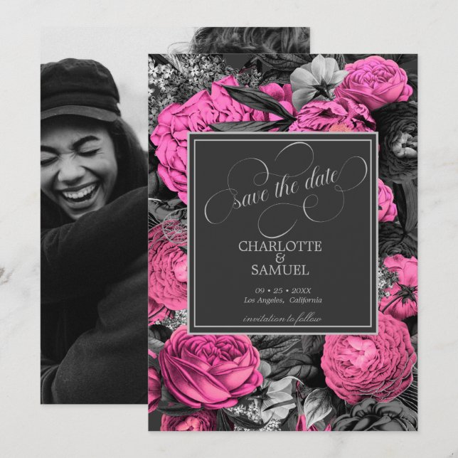 Schwarz-Rosa-Flora | Schwarz-Weiß-Foto-Hochzeit Save The Date (Vorne/Hinten)