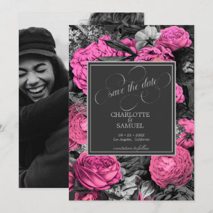 Schwarz-Rosa-Flora Schwarz-Weiß-Foto-Hochzeit Save The Date