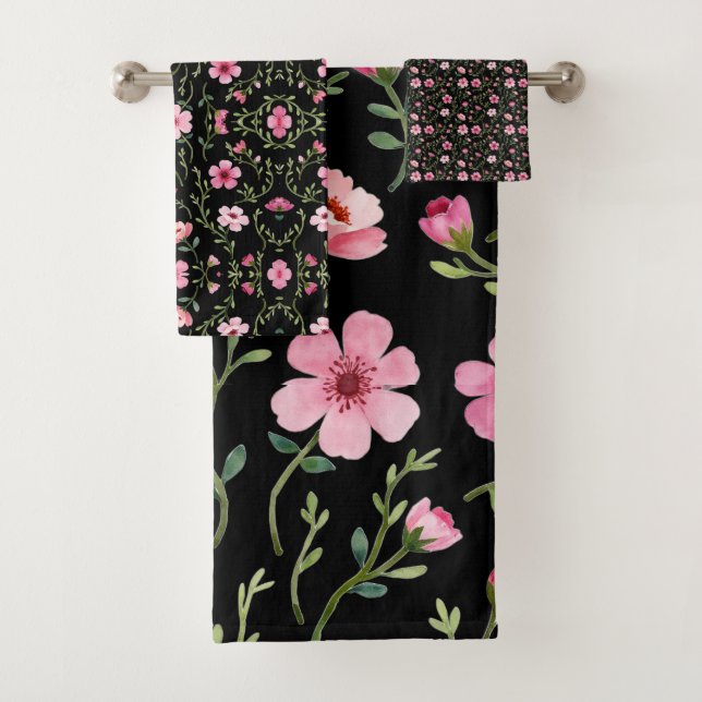 Schwarz, rosa, floral, drei Stück Badhandtuch Set (Insitu)
