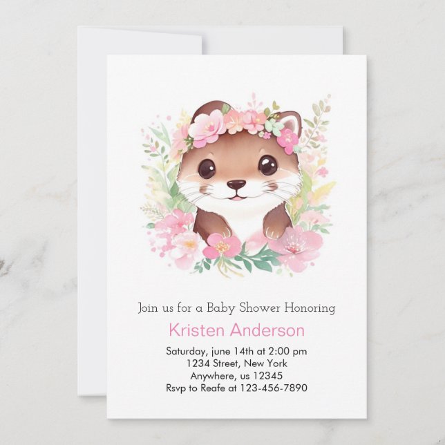 Schwarz-Rosa-Floral-Otter-Girl-Baby-Show Einladung (Vorderseite)