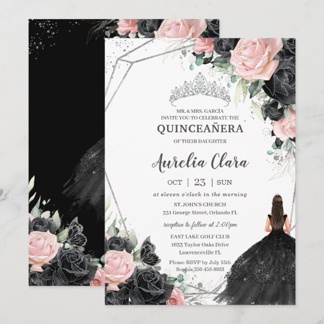 Schwarz Rosa Floral Prinzessin Silver Quinceañera Einladung (Vorne/Hinten)
