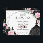 Schwarz Rosa Floral Prinzessin Silver Quinceañera Save The Date<br><div class="desc">Personalisieren Sie diesen hübschen schwarz und rosa blumengeometrischen Silber Quinceañera / Sweet 16 Geburtstag Save the Date einfach und schnell. Klicken Sie einfach auf die Schaltfläche "Weitere Einstellungen", um die Texte zu bearbeiten, Schriftart und Schriftart zu ändern. Mit einem Mädchen gekleidet in einem schönen glitzernden schwarzen Ball-Gown, lebendige schwarz-rosa Rosen,...</div>