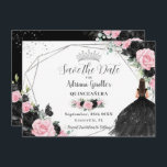 Schwarz Rosa Floral Prinzessin Silver Quinceañera Save The Date<br><div class="desc">Personalisieren Sie diesen hübschen schwarz und rosa blumengeometrischen Silber Quinceañera / Sweet 16 Geburtstag Save the Date einfach und schnell. Klicken Sie einfach auf die Schaltfläche "Weitere Einstellungen", um die Texte zu bearbeiten, Schriftart und Schriftart zu ändern. Mit einem Mädchen gekleidet in einem schönen glitzernden schwarzen Ball-Gown, lebendige schwarz-rosa Rosen,...</div>
