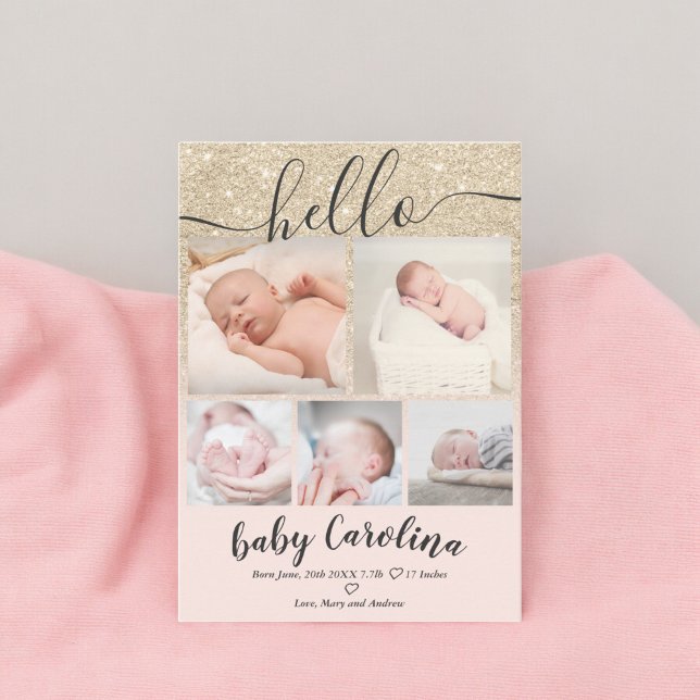 Schwarz Rosa Foto 5 Grid Ankündigung (blush pink light gold 5 grid photo baby girl birth announcement)