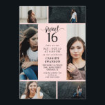 Schwarz-Rosa-Fotomaterial 16 . Geburtstag Einladung<br><div class="desc">Chic Sweet 16 Einladung mit einer Foto-Collage mit Platz für sechs Ihrer eigenen Fotos des Geburtstagsmädchens. Fügen Sie Ihre Einladungsworte und Details in schwarzen Schriftart vor einem rosa Hintergrund hinzu. Die Rückseite ist mit einem rosafarbenen Schwarz-Rosa-Druck mit einem schwachen Wasserfarbeneffekt versehen.</div>