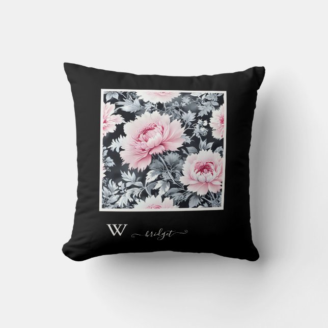 Schwarz/Rosa Französisch Toile Hampton Style Kissen (Vorderseite)