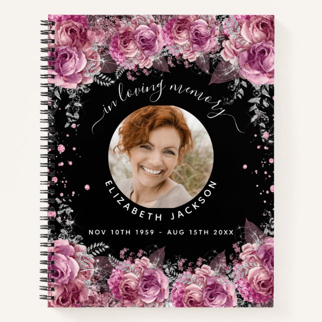 Schwarz-Rosa-Gedenkfloralen Foto Beerdigung Notizbuch (Vorderseite)