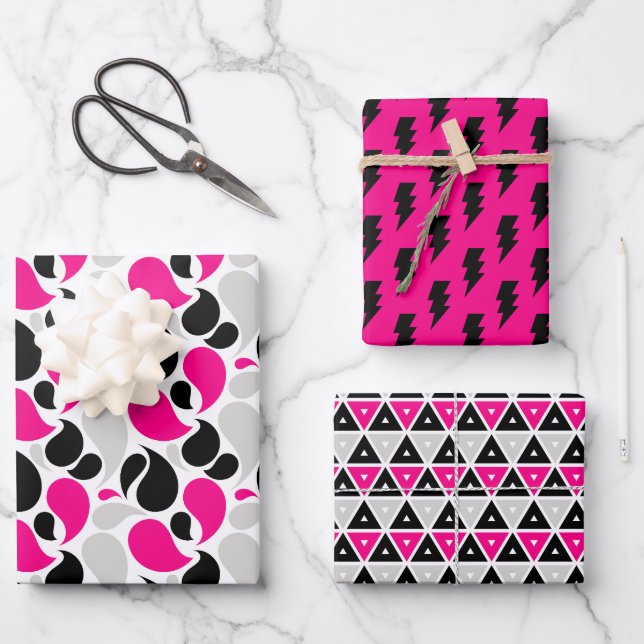 Schwarz-Rosa-Geometrie-Flash-Form Geschenkpapier Set (Vorderseite)