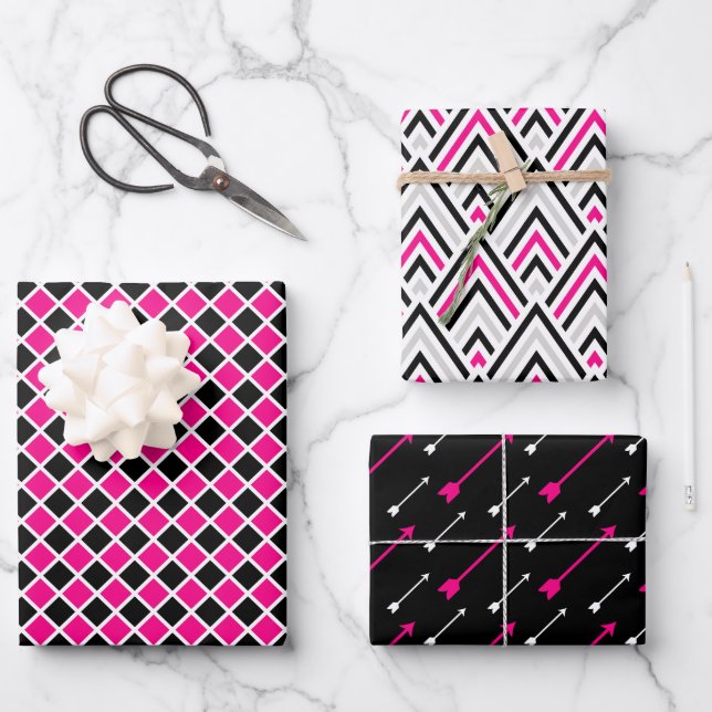 Schwarz-Rosa-Geometrie-Pfeil Geschenkpapier Set (Vorderseite)