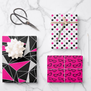 Schwarz-Rosa-Geometry-Stars-Brille Geschenkpapier Set