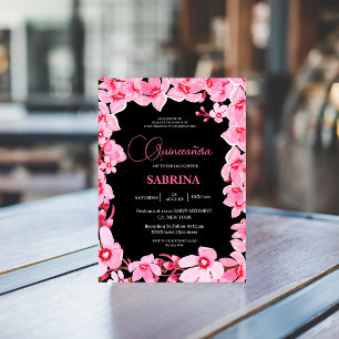 Schwarz-Rosa Girly Cherry Blossom Quinceanera Einladung