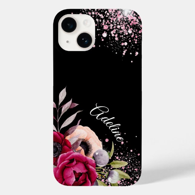 Schwarz-Rosa-Glitzer-Blume Bordeaux-Monogramm Case-Mate iPhone 14 Hülle (Rückseite)