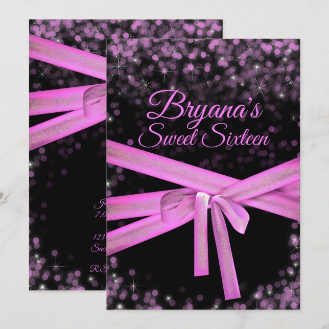 Schwarz & Rosa Glitzer Lights Sweet 16 Birthday Einladung (Vorne/Hinten)