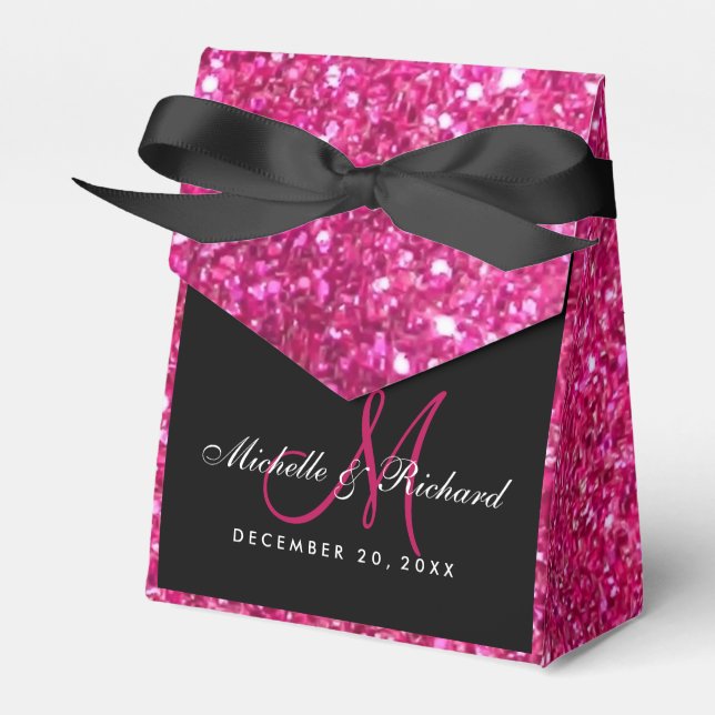 Schwarz-Rosa-Glitzer-Monogramm-Gastgeschenk Hochze Geschenkschachtel (Vorderseite)