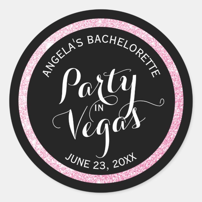 Schwarz-Rosa-Glitzer-Party in Vegas Bachelorette Runder Aufkleber (Vorderseite)