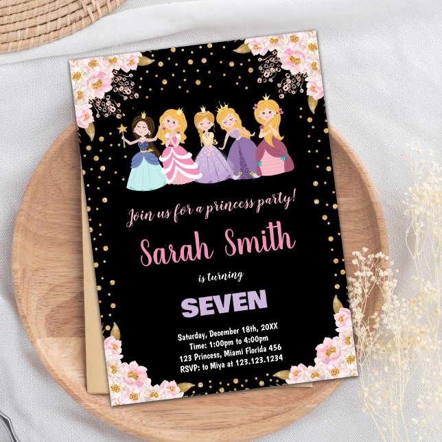 Schwarz-Rosa Glitzer Prinzessin Einladungen (Black Pink Floral Glitter Princess Invitations)