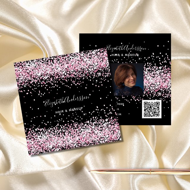 Schwarz-Rosa-Glitzer-Profil Foto qr Quadratische Visitenkarte (Von Creator hochgeladen)