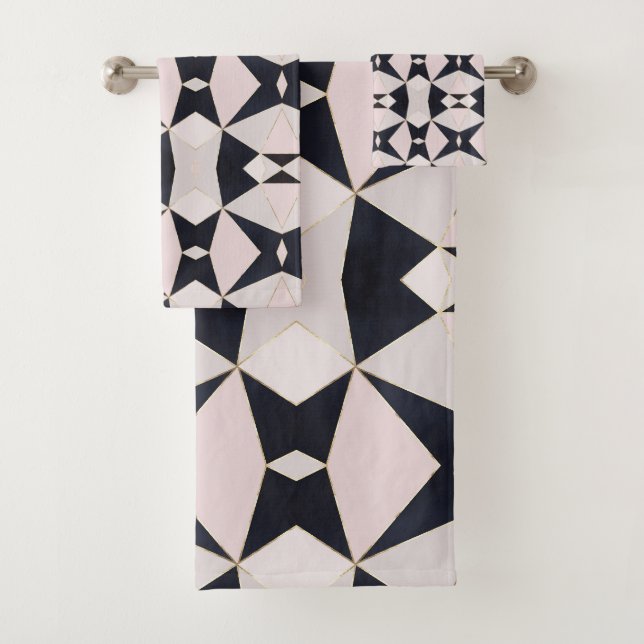 Schwarz Rosa Gold Kaleidoskop Geometrisch Badhandtuch Set (Insitu)