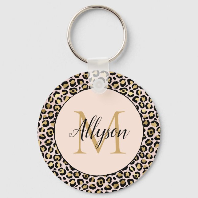 Schwarz-Rosa-Gold-Leopard-Printmonogramm Schlüsselanhänger (Vorderseite)