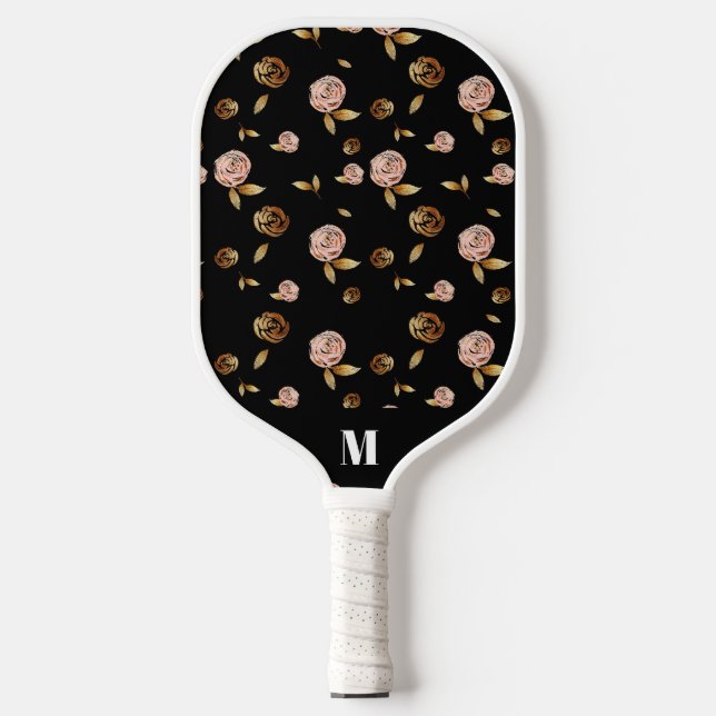 Schwarz-Rosa-Gold-Rose | Modernes Monogramm Pickleball Schläger (Vorderseite)