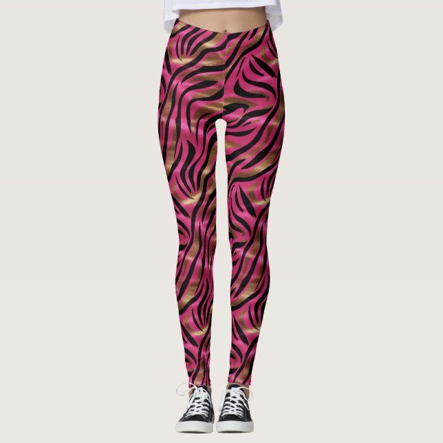 Schwarz Rosa Gold Zebra Streifen Tierisches Druckm Leggings (Vorderseite)