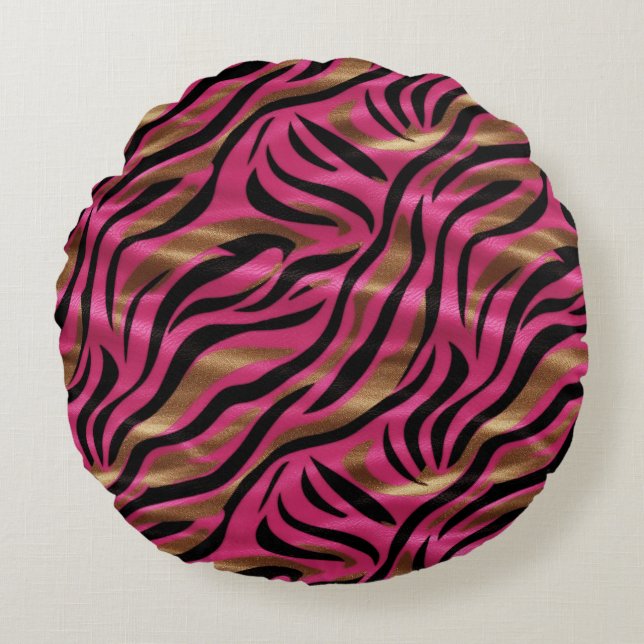 Schwarz Rosa Gold Zebra Streifen Tierisches Druckm Rundes Kissen (Vorderseite)