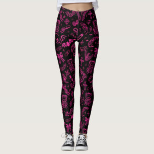 Schwarz Rosa Goth-Doodle-Leggings Fledermäuse Schl Leggings