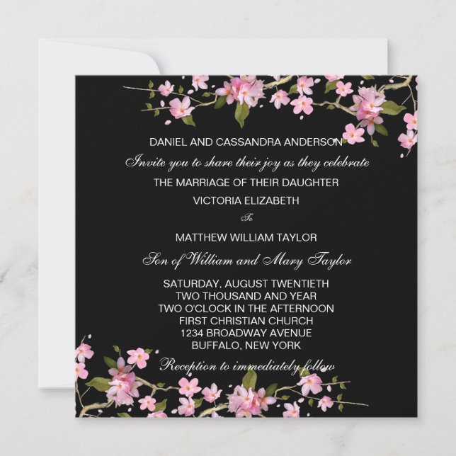 Schwarz-Rosa-Hochzeit der japanischen Kirschblüten Einladung (Vorderseite)