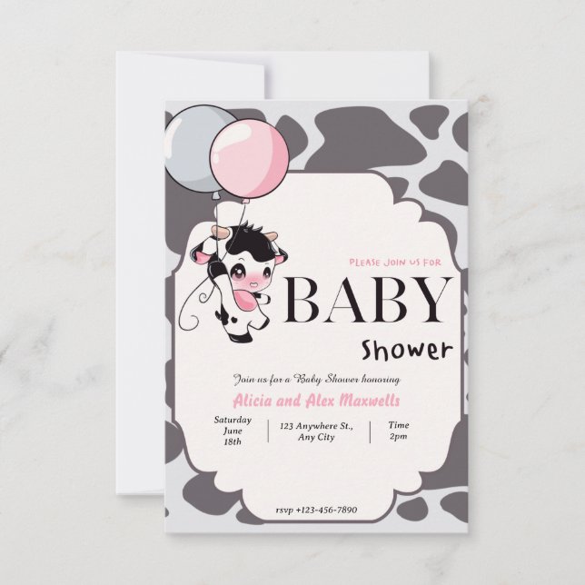 Schwarz-Rosa-Kuh mit Ballon-Babydusche Einladung (Vorderseite)