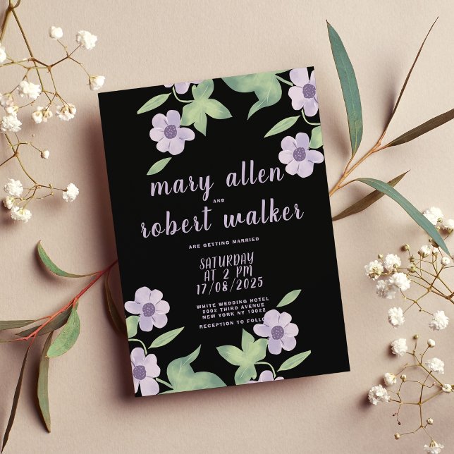 Schwarz-Rosa Lavendel-grüne Blütenfrühlingshochzei Einladung (Black pink lavender green floral spring wedding )