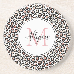 Schwarz-Rosa-Leopard-Print Monogram Getränkeuntersetzer