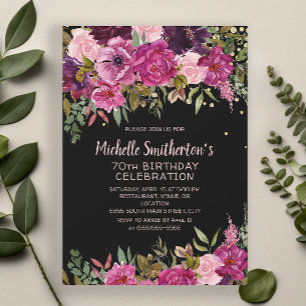 Schwarz Rosa Lila floraler Glitzer 70. Geburtstag Einladung
