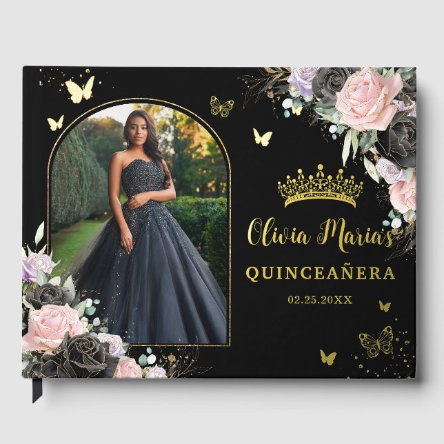 Schwarz Rosa Lila Lilac Floral Quinceañera Foto Gästebuch (Vorderseite)