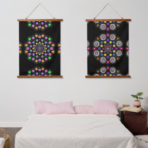 Schwarz, Rosa, Lila Mandala Abstrakte Kunst Wandteppich Mit Holzrahmen