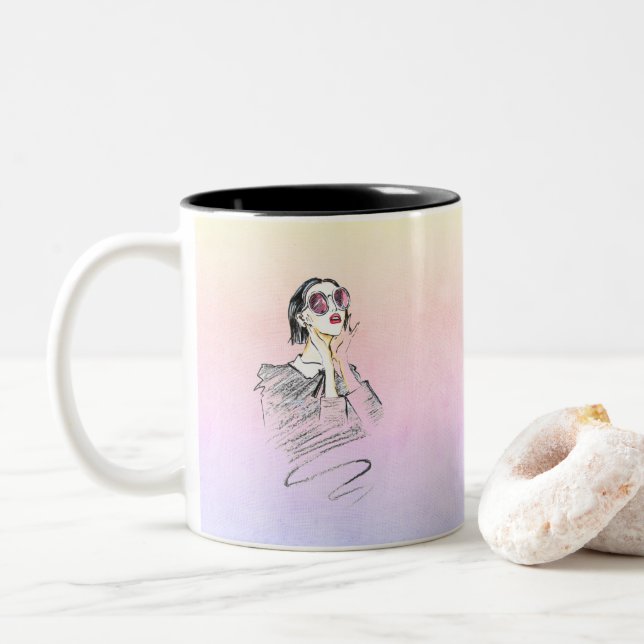 Schwarz-Rosa mädchenhafte Schönheit Zweifarbige Tasse (Mit Donut)